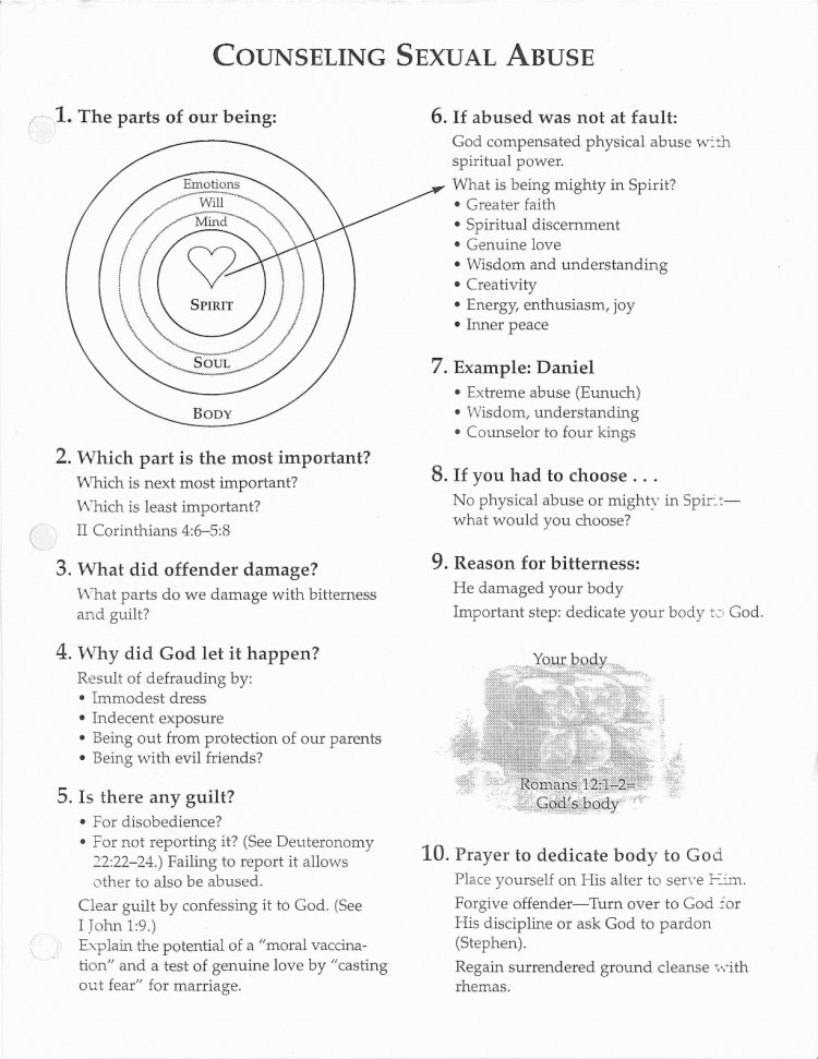 “Counseling Sexual Abuse” 1. The parts of our being. Concentric circles with the body on the outside, then emotions, then will, then mind, then soul, then spirit. 2. Which part is the most important? Which is the next most important? Which is the least important? 3. What did offender damage? What parts do we damage with bitterness and guilt? 4. Why did God let it happen? Results of defrauding by: immodest dress indecent exposure being out from protection of our parents being with evil friends 5. Is there any guilt? For disobedience For not reporting it (see Deuteronomy 22:22-24) Failing to report it allows others to also be abused. 6. If abused was not at fault: God compensated physical abuse with spiritual power. What is being might in spirit? Greater faith Spiritual discernment Genuine Love Wisdom and Understanding Creativity Energy, enthusiasm, and joy Inner peace 7. Example: Daniel Extreme abuse Wisdom, understanding Counselor to four kings 8. If you had to choose … No physical abuse or mighty in spirit, what would you choose? 9. Reason for bitterness: He damaged your body Important step: dedicate your body to god 10. Prayer to dedicate body to God