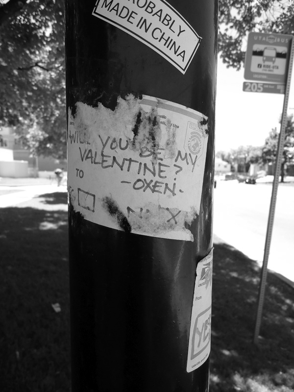 Crosswalk pole with a postal service sticker that reads Will you be my Valentine? Oxen