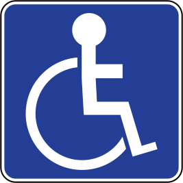 Disabled Parking Sign with a blue background and a white drawing of a person using a wheelchair. 
